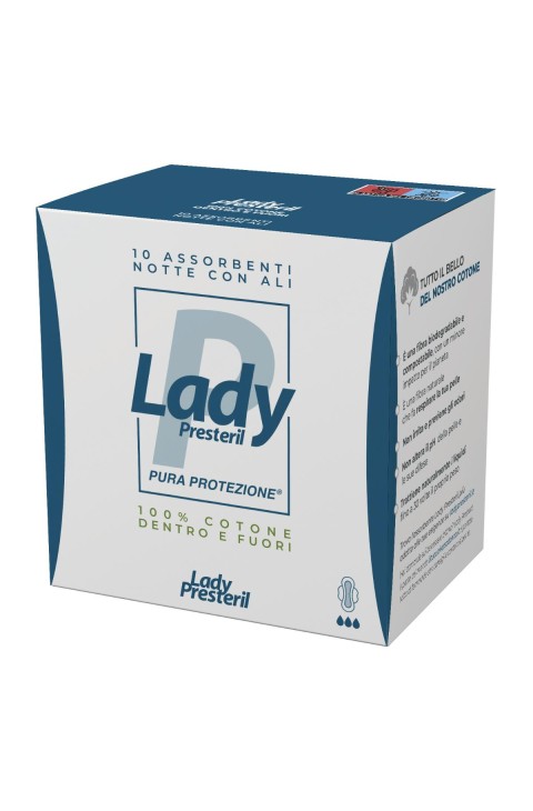 Lady Presteril Assorbenti Esterni Notte con Ali in Puro Cotone, 10 Pezzi
