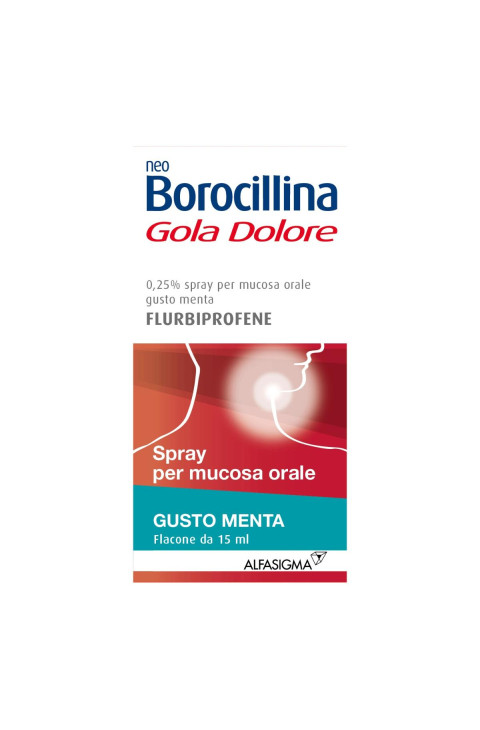 Neoborocillina Gola Dolore Spray per Mucosa Orale 0,25% Flurbiprofene Gusto Menta Azione Rapida, 15ml