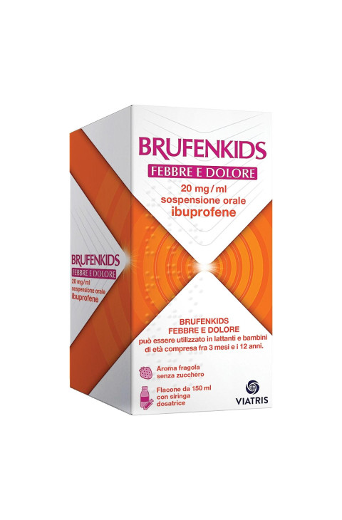 BrufenKids Febbre e Dolore 20mg/ml Ibuprofene Sciroppo Aroma Fragola Senza Zucchero, 150ml