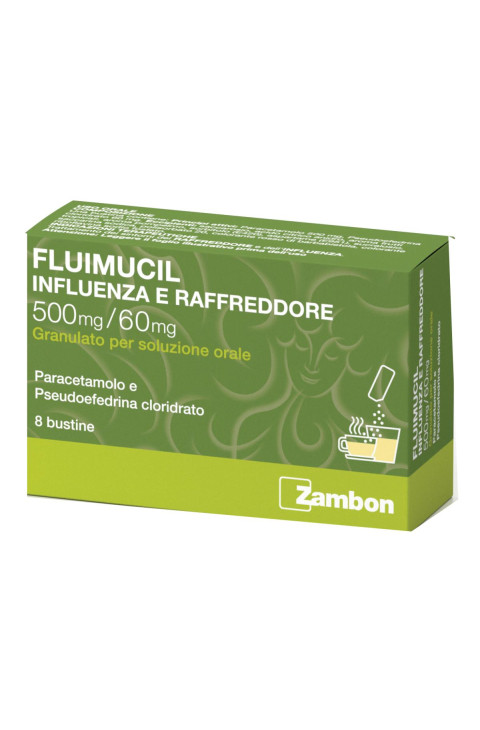 Fluimucil Influenza Raffr 500mg + 60mg Paracetamolo + Pseudoefedrina Cloridrato, 8 Bustine