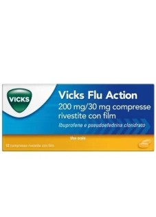 Vicks Flu Action Compresse Raffreddore e Influenza 200mg + 30mg Ibuprofene e Pseudoefedrina Cloridrato, 12 Compresse Rivestite