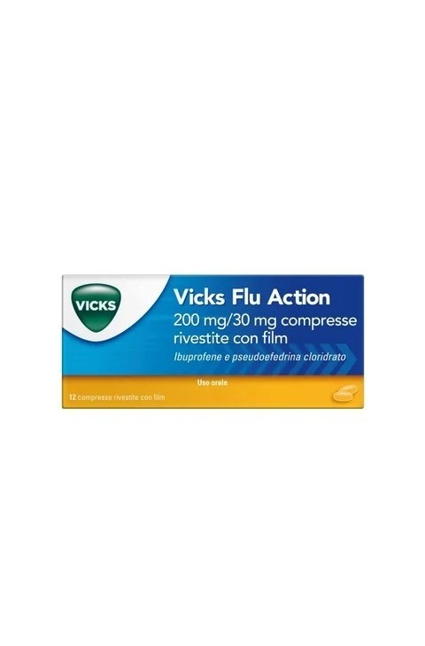 Vicks Flu Action Compresse Raffreddore e Influenza 200mg + 30mg Ibuprofene e Pseudoefedrina Cloridrato, 12 Compresse Rivestite