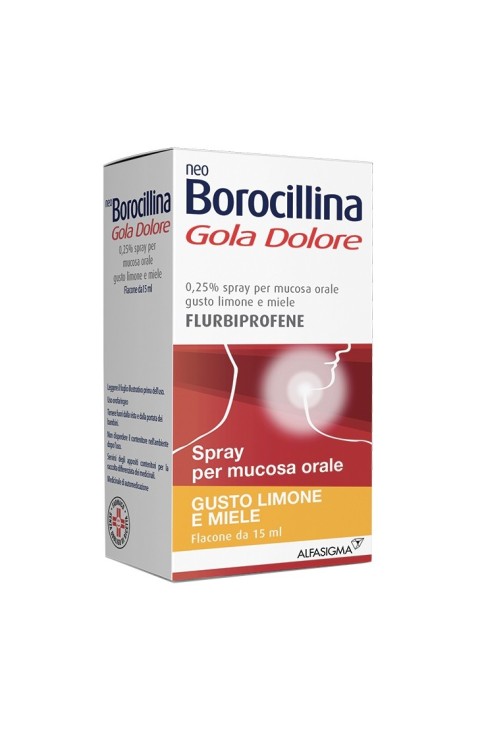 Neoborocillina Gola Dolore Spray per Mucosa Orale 0,25% Flurbiprofene Gusto Limone e Miele Azione Rapida, 15ml
