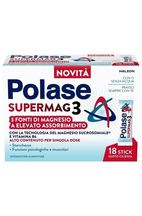 Polase Supermag 3 Integratore Magnesio e Vitamina B6 Gusto Ciliegia 18 Stick
