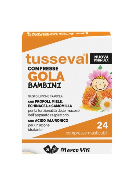 Tusseval Gola Bambini  24 Compresse Masticabili Limone e Fragola - Pastiglie per il Mal di Gola per Bambini